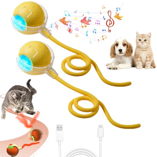 Interaktives Katzenspielzeug Ball, Katzenspielzeug Elektrisch Spielball Mit Schwanz, Katzenspielzeug Selbstbeschäftigung Mit 3 Modi Und „zwitscherndes“ Geräusch 360° Rolling Smart Ball (Gelb*2) von Xevinas