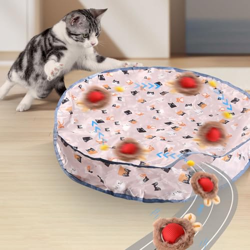 Xevinas 2 in 1 Interaktives Katzenspielzeug, Spielball Katze Mit Jagd Katze Matte Spielzeug, Katzenspielzeug Selbstbeschäftigung Wiederaufladbar Und LED 3 Modi Katzenspielzeug Elektrisch (A) von Xevinas