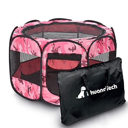 XhuangTech Laufstall aus weichem Stoff, tragbar, faltbar, für Hunde und Katzen, für den Innen- und Außenbereich, für Haustierhütte, Reise, Tragetasche (Camouflage-Pink) von XhuangTech