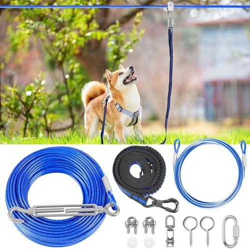 XiaZ Hundeleinenkabel, 30,5 m, Laufseil für Hunde bis zu 113 kg, Hundeleine für Hof, Camping, Outdoor, mit 2,4 m Nylon-Bungee-Laufer, Kabelschlinge zum Schutz von Bäumen, Blau von XiaZ