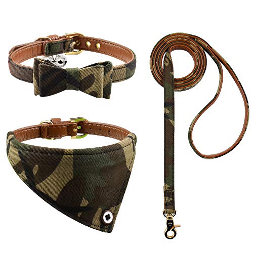 3-teiliges Hundehalsband und Leine, mit Fliege, kariert, Camouflage, Punkte, Blumen, Hundehalstücher mit Glocke, 3 Größen verstellbar für kleine Hunde, Welpen und Katzen (M, Camo 1) von Ximipet