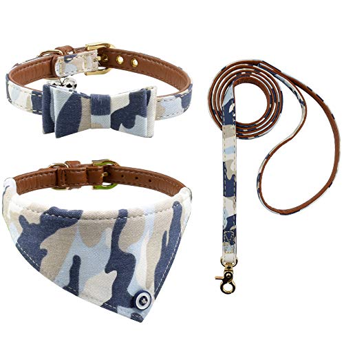 3-teiliges Hundehalsband und Leine, mit Fliege, kariert, Camouflage, Punkte, Blumen, Hundehalstücher mit Glocke, 3 Größen verstellbar für kleine Hunde, Welpen und Katzen (M, Camo 3) von Ximipet