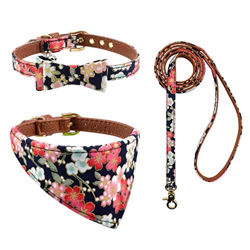 3-teiliges Hundehalsband und Leine, mit Fliege, kariert, Camouflage, Punkte, Blumen, Hundehalstücher mit Glocke, 3 Größen verstellbar für kleine Hunde, Welpen und Katzen (S, schwarze Blume) von Ximipet