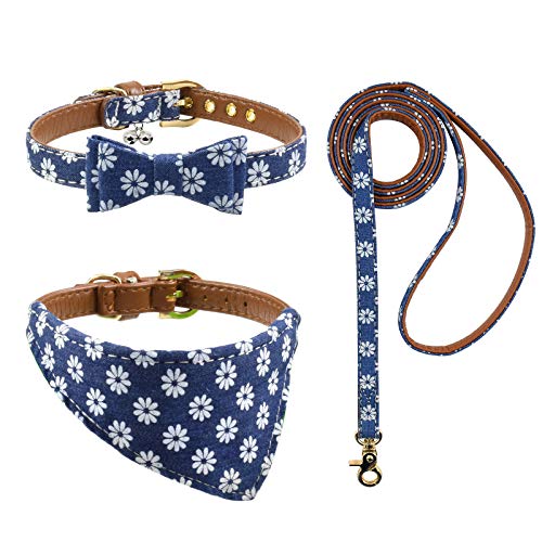 3-teiliges Hundehalsband und Leine, mit Fliege, kariert, Camouflage, Punkte, Blumen, Hundehalstücher mit Glocke, 3 Größen verstellbar für kleine Hunde, Welpen und Katzen (XS, blaue Blume) von Ximipet