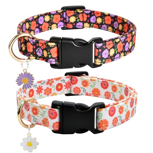 Hundehalsband mit Blumenmuster, weiche Baumwolle, für kleine, mittelgroße und große Hündinnen und Rüden, Größe M 30,5 cm - 45,7 cm, Weiß und Schwarz von Ximipet