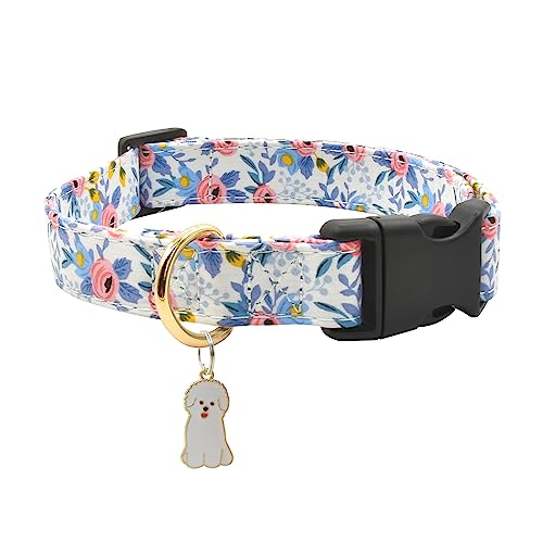 Hundehalsband mit Blumenmuster, weiche Baumwolle, für kleine, mittelgroße und große weibliche und männliche Hunde (M 30,5 cm - 45,7 cm, blaue China-Rose) von Ximipet