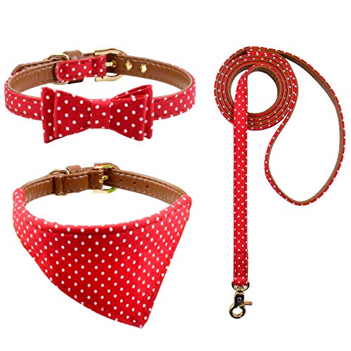 Hundehalsband und Leine, Set mit Fliege, Plaid/Camo/Punkte/Blumen, Hundehalstücher mit Glöckchen, 3 Größen, verstellbar, für kleine Hunde, Welpen und Katzen (S, rote Punkte) von Ximipet