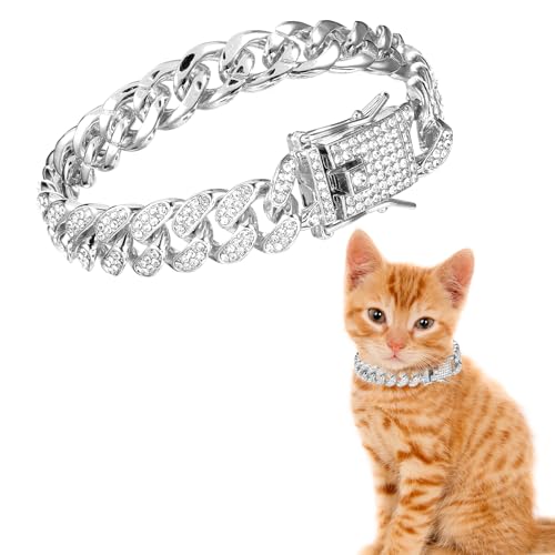 1 x Diamant-Hundehalsband, Katzenkette, kubanisches Gliederhalsband, 12 mm breit, Metall, Haustier-Kette, Kristall-Halsband, Schmuckzubehör für große, mittelgroße und kleine Hunde, Katzen (21 cm) von Xinjoduz