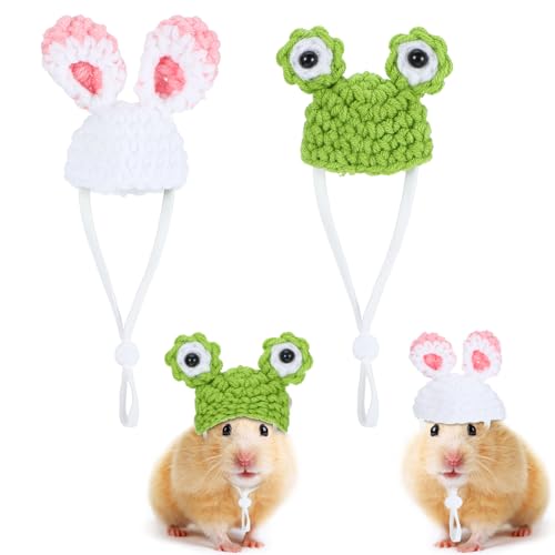 2 Stück Hamster Kleidung Mini Meerschweinchen Hut Hamster-Strickmütze Haustier Gestrickt Hund Hamsterhut Mützen für Hamster Kleine Hunde Igel für Urlaub Party Kostüm Mütze in Form eines Hasenfroschs von Xinjoduz