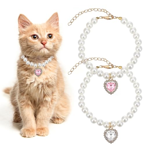 2 Stück Katzenhalsband Perlen Perlenkatzenleine Hundehalsband Mit Strass Halsband Katze Bling Strass Katzen Halsbänder Verstellbares Perlen Katzenhalsbänder Weiß Für Mädchen Katzen Welpen von Xinjoduz