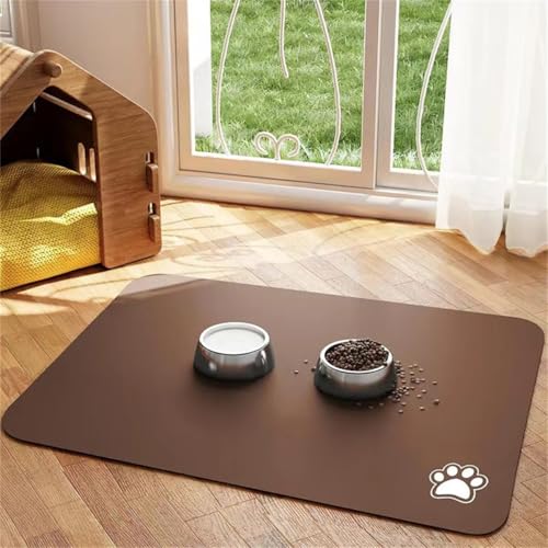 Napfunterlage Hund Katzen Futternapf Unterlage rutschfeste Hundenapf Mat Katzennapf Cat Dog Futter Matte SaugfäHige Schnelltrocknend Katzenmatte Katzenfutter Pet Carpet (Brown,30x40 cm) von Xisnuient