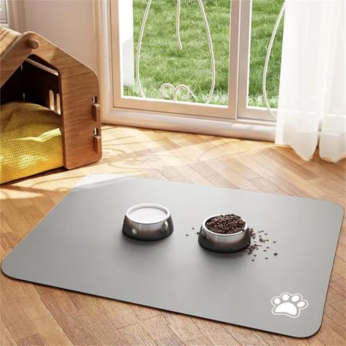 Napfunterlage Hund Katzen Futternapf Unterlage Rutschfeste Hundenapf Mat Katzennapf Cat Dog Futter Matte SaugfäHige Schnelltrocknend Katzenmatte Katzenfutter Pet Carpet (Light Grey,30x50 cm) von Xisnuient