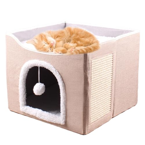 Xistuoz Katzenhäuser für Indoor-Katzen | Großes Haus Katzenbett - Schlafhöhle Niedliches Schlafzelt, Würfelhaus mit Plüschball & Kratzunterlage für Kätzchen, Welpen, Kleintiere von Xistuoz