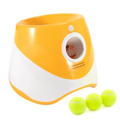 Xoeminor Tennis Ballmaschine, Hunde Ball Interaktive Ballwurfmaschine 3 Tennisbälle Inklusive, In 3 Stufen Einstellbarer Abstand Bis zu 9 M, Interaktives Spielzeug für Kleine Hunde (Orange Farbe) von Xoeminor