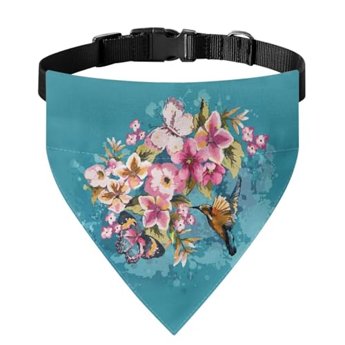 Xoenoiee Bandana für Hunde und Katzen, Wasserfarben, Kolibri, Schmetterling, Blumendruck, verstellbares Hundehalstuch, Halsband mit Schnalle, wendbar, Haustierkleidung, für große Haustiere von Xoenoiee