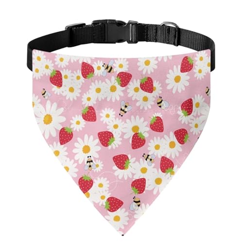 Xoenoiee Hundehalstuch, Erdbeere, Biene, Gänseblümchen-Druck, bequem, wendbar, verstellbar, mit Schnalle und Metallring, Haustier-Bandana, Halsband, für kleine Haustiere von Xoenoiee