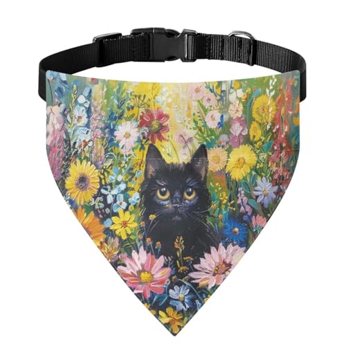 Xoenoiee Hundehalstuch, Motiv: schwarze Katze, lebendiges Blumenmuster, weiches Hundehalstuch, Halsband mit verstellbarer Schnalle und Metallring zum Aufhängen der Leine, Haustier-Lätzchen, Kostüm, von Xoenoiee