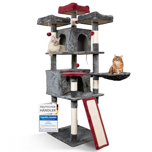 Foxdevil by xonic® Stabiler Kratzbaum für Katzen [165 cm] - Großer Katzenkratzbaum mit 3 Aussichtsplattformen, Liegemulde, 2 Kuschelhöhlen, 3 Spielbällen & Kratzbrett-Treppe – ([V2 Grau/Rot]) von Xonic