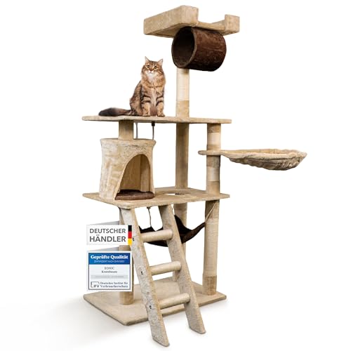 Foxdevil by xonic® Stabiler Kratzbaum für Katzen - Vielseitiger Katzenkratzbaum mit Aussichtsplattform, Hängematte, Kuschelhöhle, Spielkordel, Treppe – 141 cm Hoch – (Beige/Braun V1) von Xonic