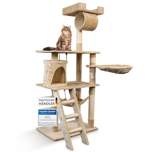 Foxdevil by xonic® Stabiler Kratzbaum für Katzen - Vielseitiger Katzenkratzbaum mit Aussichtsplattform, Hängematte, Kuschelhöhle, Spielkordel, Treppe – 141 cm Hoch – (Beige V1) von Xonic