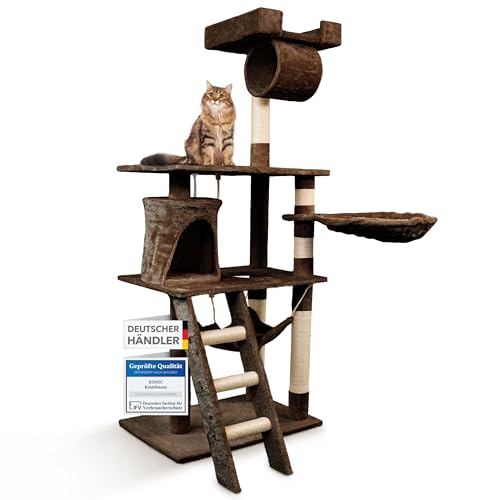 Foxdevil by xonic® Stabiler Kratzbaum für Katzen - Vielseitiger Katzenkratzbaum mit Aussichtsplattform, Hängematte, Kuschelhöhle, Spielkordel, Treppe – 141 cm Hoch – (Braun V1) von Xonic