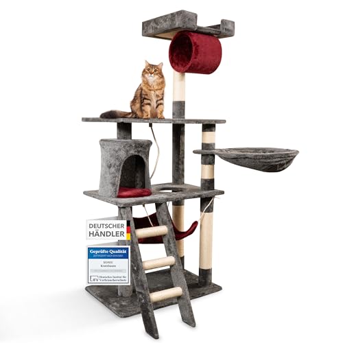 Foxdevil by xonic® Stabiler Kratzbaum für Katzen - Vielseitiger Katzenkratzbaum mit Aussichtsplattform, Hängematte, Kuschelhöhle, Spielkordel, Treppe – 141 cm Hoch – (Grau/Rot V1) von Xonic