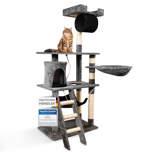 Foxdevil by xonic® Stabiler Kratzbaum für Katzen - Vielseitiger Katzenkratzbaum mit Aussichtsplattform, Hängematte, Kuschelhöhle, Spielkordel, Treppe – 141 cm Hoch – (Grau/Schwarz V1) von Xonic