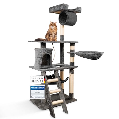 Foxdevil by xonic® Stabiler Kratzbaum für Katzen - Vielseitiger Katzenkratzbaum mit Aussichtsplattform, Hängematte, Kuschelhöhle, Spielkordel, Treppe – 141 cm Hoch – (Grau V1) von Xonic