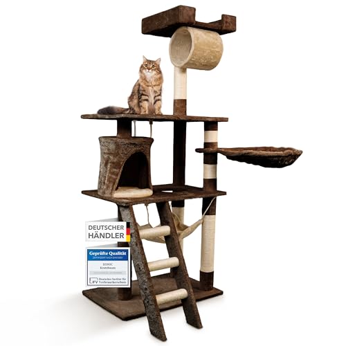 Foxdevil by xonic® Stabiler Kratzbaum für Katzen - Vielseitiger Katzenkratzbaum mit Aussichtsplattform, Hängematte, Kuschelhöhle, Spielkordel, Treppe – 141 cm Hoch – [V1 Braun/Beige] von Xonic