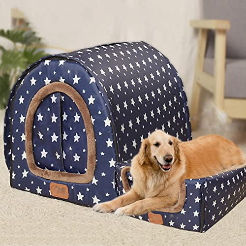 Extra großes Jumbo-Hundebett, beruhigende Hundehütte mit Vorhang, faltbar, 2-in-1-Hunde-Sofa-Kissen, warmer Haustierschutz, waschbar (2XL - 92 x 68 x 72 cm, Muster A) von Xpnit