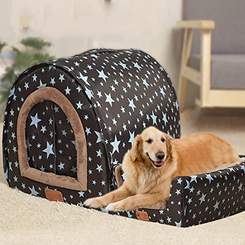 Extra großes Jumbo-Hundebett, beruhigende Hundehütte mit Vorhang, faltbares 2-in-1-Hundesofakissen, warmer Haustierschutz, waschbar (L 60 x 48 x 43 cm, Muster B) von Xpnit