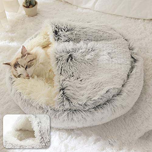 Xpnit kuschelhöhle Katze,weiches Plüsch,rund schlafplatz Katze,Katzenbett Haustier Pet Nest Schlafsack 2 in 1 Faltbar Kuschelhöhle,rutschfest maschinenwaschbar Katzenbett (50cm,Grau-A) von Xpnit