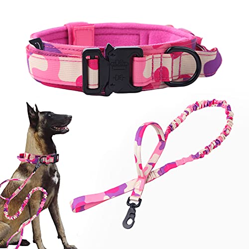 Taktisches Hundehalsband und Leine, Set, taktisches Hundehalsband mit Griff, Bungee-Leine, verstellbar, Nylon-Halsband, Hunde-Trainingshals-Set mit Kontrollgriff und Metallschnalle (Pink Camo M von Xqpetlihai