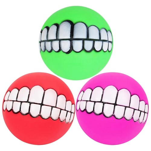 Xtauaguh Hund Ball Squeaky Spielzeug, 3 PCS Lustig mit Zähnen Muster Squeaky Sound Kauspielzeug, Interaktive Welpen Ball Sound Spielzeug, Hund Zahnen Ball Spielzeug, Für Zuhause Reisen Draußen von Xtauaguh