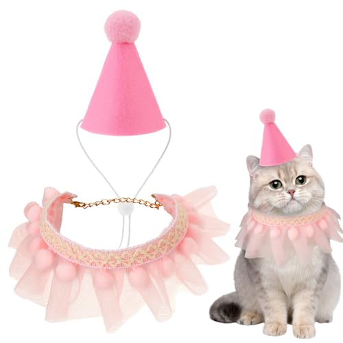 Rosa Geburtstagsmütze Schal-Set für kleine Hunde und Katzen Geburtstag Bandana Geburtstag Partyhut Haustier Geburtstagsset mit Headwear Kostüm Happy Birthday Dekorationen Besticktes von Xthrotsenk