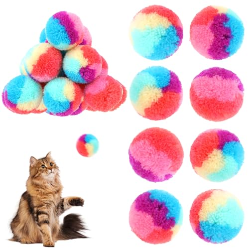 Xthrotsenk 30 Stück 3 cm Regenbogen-Katzenspielzeugbälle, bunte Katzenbommel, Spielzeug, weiches Plüsch, interaktives Spielzeug, Trainingsball, flauschige Kätzchen, Puffbälle für Katzen, Kätzchen, von Xthrotsenk