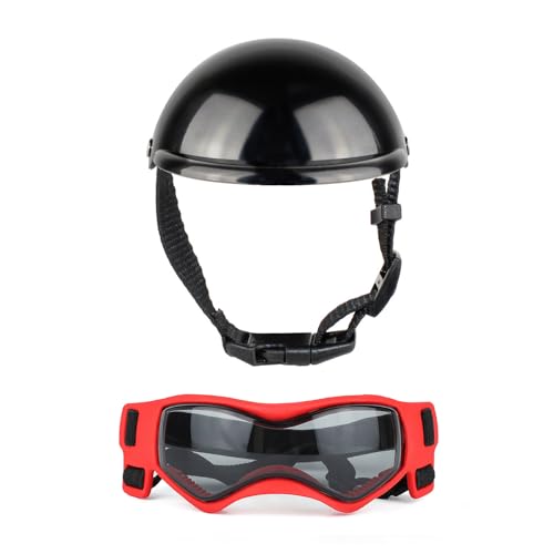 XuQiZZpp Welpen-Sonnenbrille und Helm-Set, Hundehelm mit Ohrloch, cooler Helm für Fahrrad, Hundebrille für Outdoor-Aktivitäten von XuQiZZpp