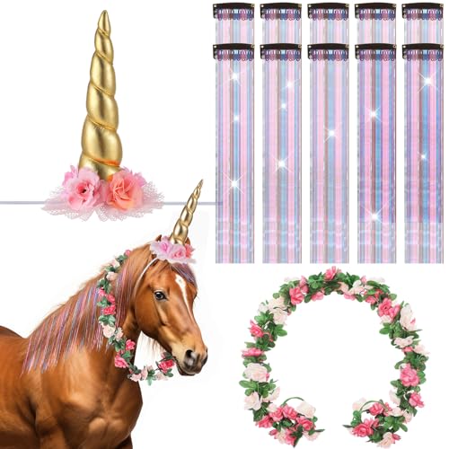 XunYee 12-teiliges Pferde-Stirnband, Spiralhorn, 10 Mähne und Schwanz, glitzerndes Ponyhaar, Lametta und rosa Rosenrebe für Pferde, Geburtstagsparty-Dekorationen von XunYee