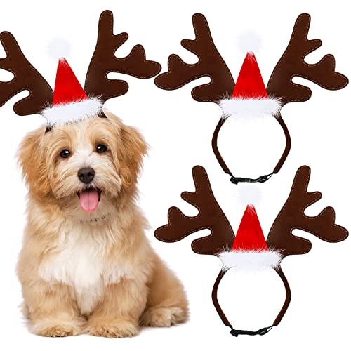 Xuniea 3 Stücke Hund Weihnachten Geweih Rentier Stirnband Roter Hut Haustier Weihnachten kostüm Haustier Elch Kopfbedeckung Zubehör Haustier Braun Geweih Hüte Hund Hirsch Stirnband für Haustier von Xuniea