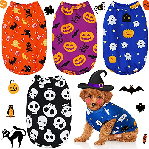 4 Stück Halloween Shirt Hund atmungsaktiv Haustier T-Shirt Bedruckt Niedlich Hund Welpen Kleidung Halloween Kürbis Geister Fledermäuse Skelette Hundebekleidung für Halloween Partys Kleine Hunde (klein) von Xuniea