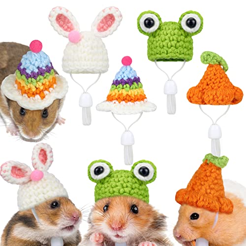 4 Stück Hamstermütze Mini Kleintier Mütze mit Verstellbarem Riemen Schöner Handgestrickter Frosch Regenbogen Karotte Kleine Hüte für Eidechse Reptilien Weihnachten Kostüm Zubehör von Xuniea