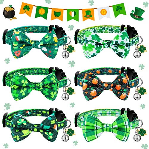 6 Stück St. Patrick's Katzenhalsband mit abnehmbarer Fliege und Glocke zum Abrechen, Urlaub, Sicherheitskätzchenhalsband mit Schnalle, verstellbares Glückskleeblatt-Kätzchenhalsband (Kleeblatt-Stil) von Xuniea