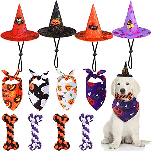 Halloween Hundekostüm 4 Stück Halloween Hund Bandanas 4 Stück Halloween Hexenhut 4 Stück Halloween Hundespielzeug Katzen Hunde Kostüm Set für Kätzchen Welpe Halloween Party Cosplay Dekoration Kostüm von Xuniea