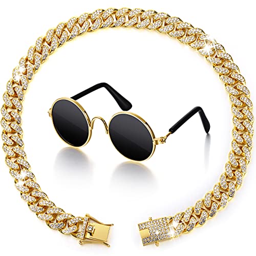 Xuniea 2 Stück Gold Katzenhalsband und Sonnenbrillen Set Kubanisches Halsband Strass mit Design Sichere Schnalle Retro Rundbrille für Hunde Katzen Party Cosplay Kostüm Foto Requisiten, 16 Zoll von Xuniea