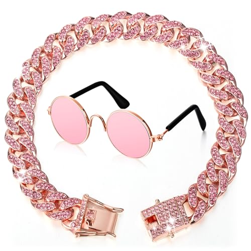 Xuniea 2-teiliges Set aus Halsband und Sonnenbrille, Strasshalsband mit sicherer Schnalle, runde Brille (Roségold, Rosa, 25,4 cm) von Xuniea