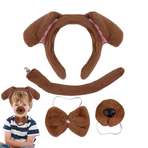 Xvilmaun Hündchen-Kostüm-Set, Hundeschwanz-Kostüm, 4er-Set Welpen-Cosplay-Set, Verstellbares Nasenschwanz-Fliege-Set, bequemes Tierschwanz-Kostüm, weich für Cosplay-Zubehör von Xvilmaun