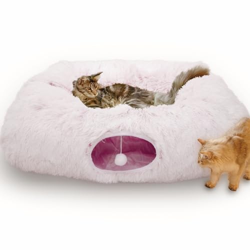 XxingSheep Extra großes Katzentunnelbett für Indoor-Katzen, Peekaboo Katzenhöhle, Donut mit Mittelmatte, Rosa-Weiß von XxingSheep