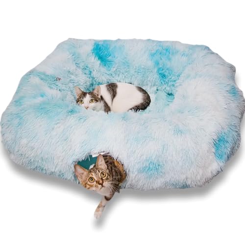 XxingSheep XL Katzentunnel mit Bett für Indoor-Katzen, Peekaboo Katzenhöhle, Donut-Spielzeug mit warmer Matte, Azurblau von XxingSheep