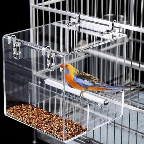 No Mess Vogelfutterstation für Käfig, Automatischer Acryl-Vogelfutterspender Samenfänger-Tablett Käfig mit Edelstahlhaken für kleine Vögel, Papageien, Kanarienvogel, Sittich, Wellensittich, Haube, von Xxmbbjy