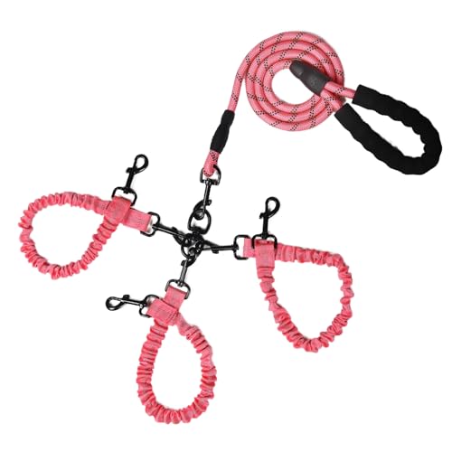 Doppelleine für Hunde, Seil, Bungee, drei Leine mit gepolstertem Griff, abnehmbar für 3 Hunde, verhedderungsfrei, gepolsterte Griffe, 360°-Drehgelenk, Rosa, 3-Wege-Design von Y-ANNJYA